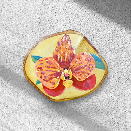 PINTURA EN RODAJA DE MADERA ORIGINAL (ORQUIDEA NARANJA)