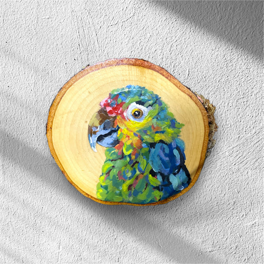 PINTURA EN RODAJA DE MADERA ORIGINAL (LORO)